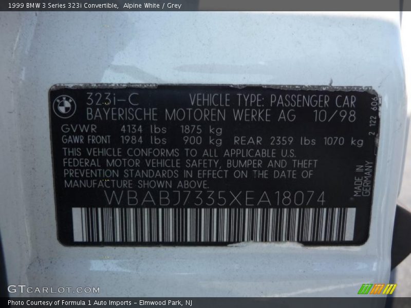 Alpine White / Grey 1999 BMW 3 Series 323i Convertible