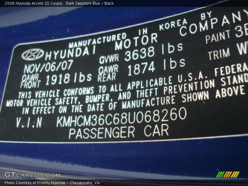 Dark Sapphire Blue / Black 2008 Hyundai Accent GS Coupe