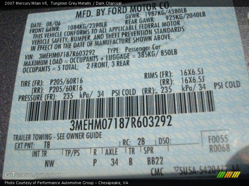 Tungsten Grey Metallic / Dark Charcoal 2007 Mercury Milan V6