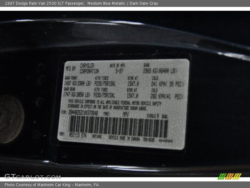 Medium Blue Metallic / Dark Slate Gray 1997 Dodge Ram Van 2500 SLT Passenger