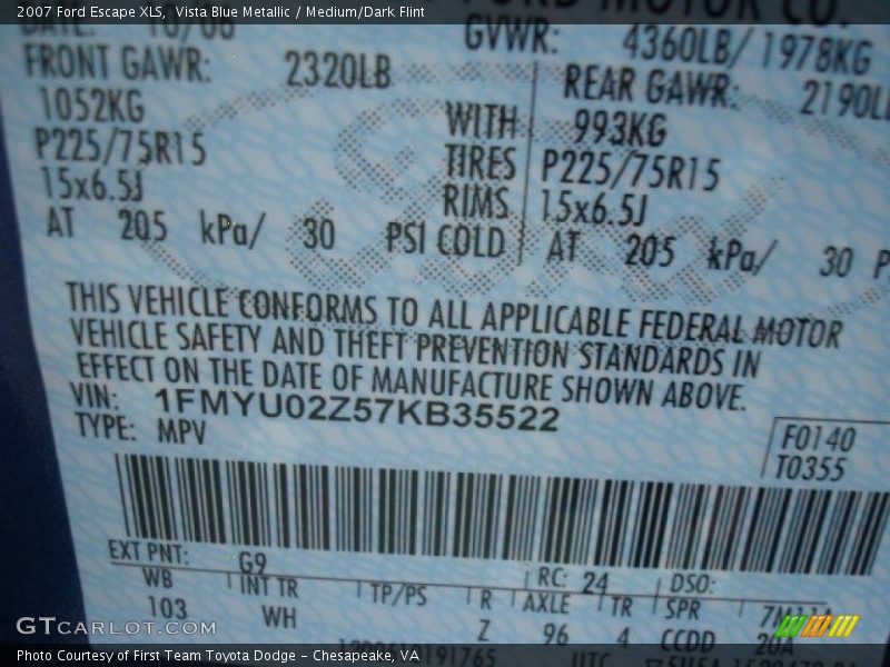 Vista Blue Metallic / Medium/Dark Flint 2007 Ford Escape XLS