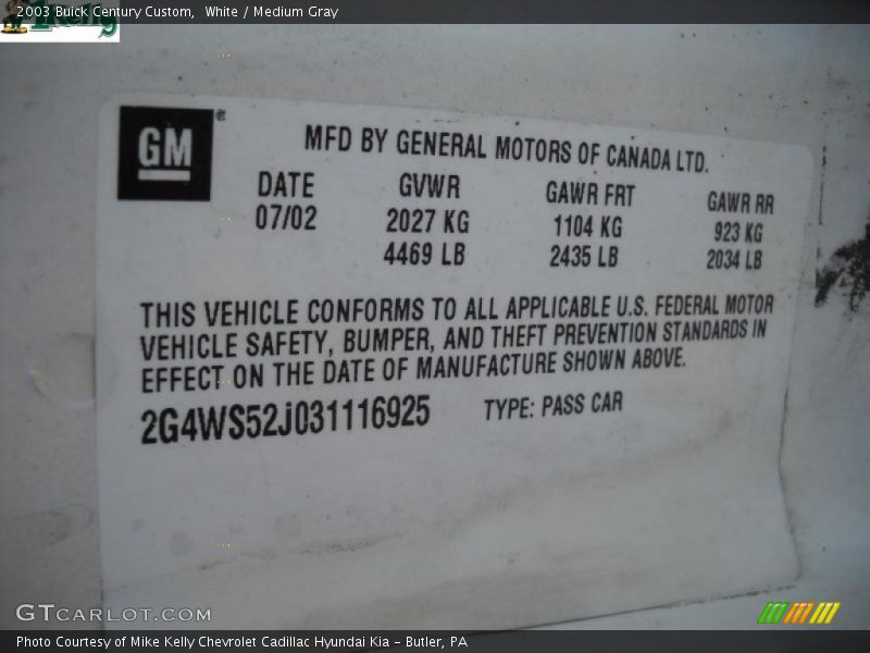 White / Medium Gray 2003 Buick Century Custom