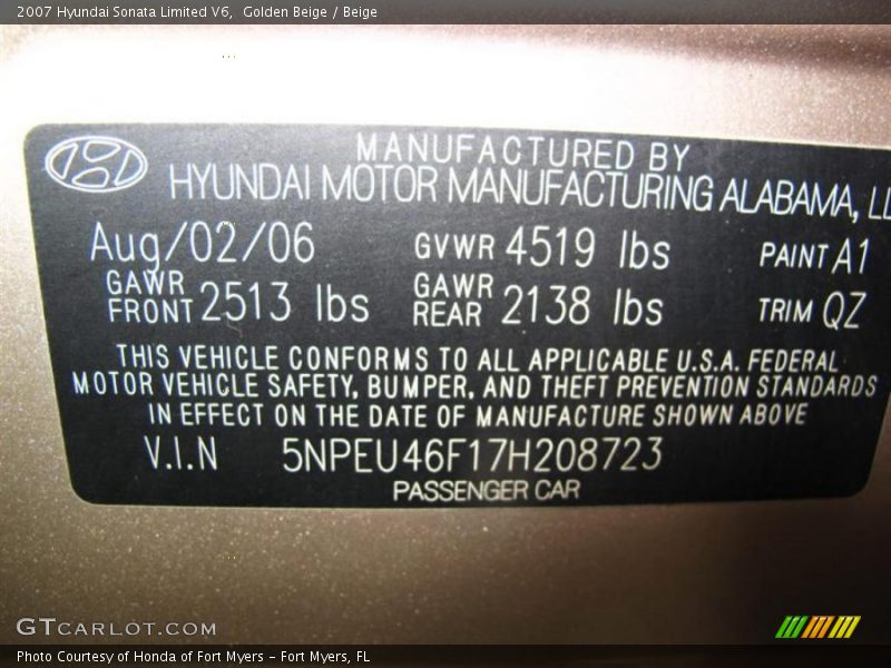 Golden Beige / Beige 2007 Hyundai Sonata Limited V6