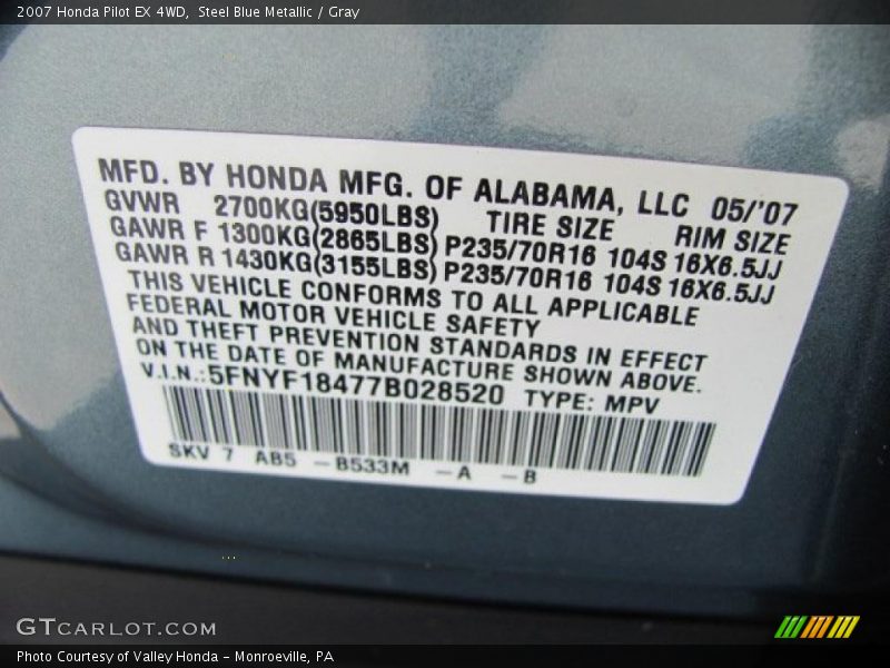 Steel Blue Metallic / Gray 2007 Honda Pilot EX 4WD