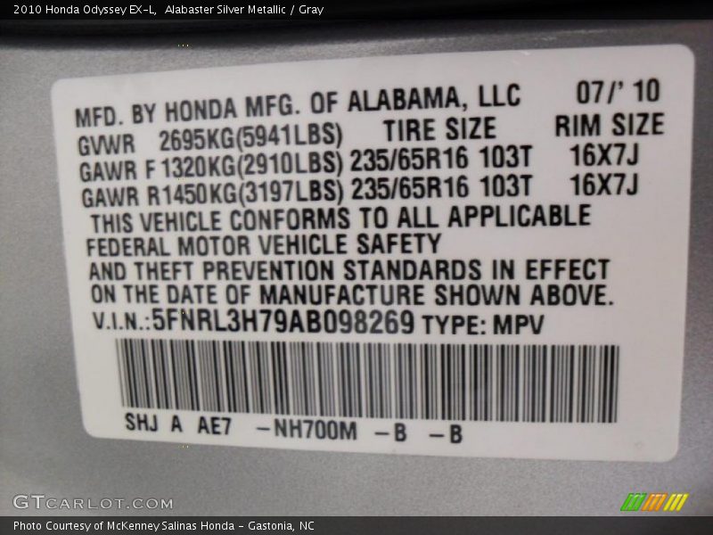 Alabaster Silver Metallic / Gray 2010 Honda Odyssey EX-L