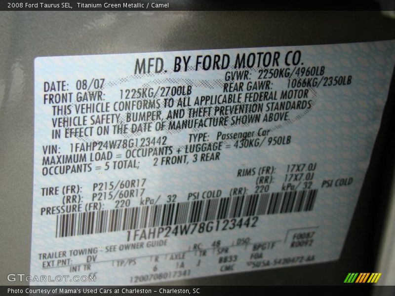 Titanium Green Metallic / Camel 2008 Ford Taurus SEL