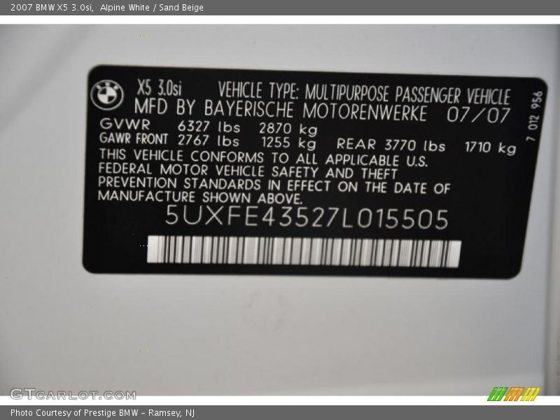 Alpine White / Sand Beige 2007 BMW X5 3.0si