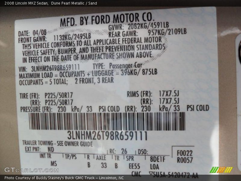 Dune Pearl Metallic / Sand 2008 Lincoln MKZ Sedan