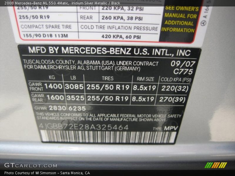 Iridium Silver Metallic / Black 2008 Mercedes-Benz ML 550 4Matic