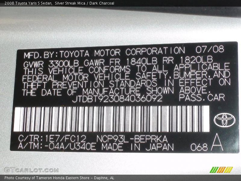 Silver Streak Mica / Dark Charcoal 2008 Toyota Yaris S Sedan