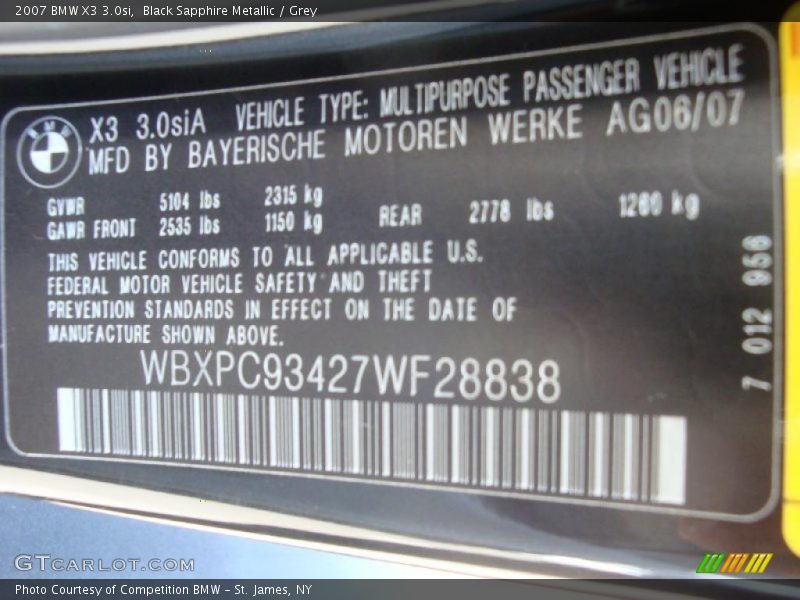 Black Sapphire Metallic / Grey 2007 BMW X3 3.0si
