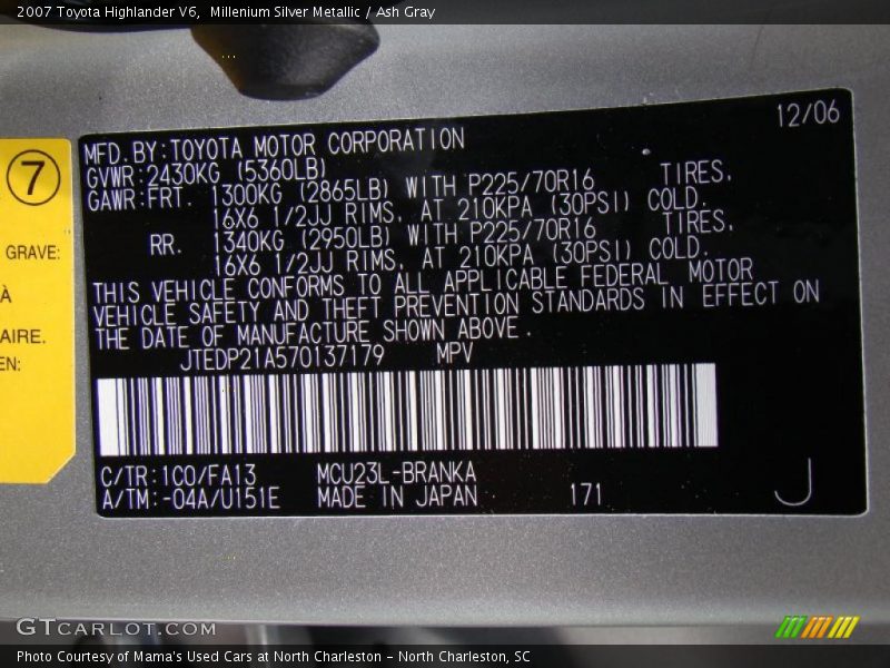 Millenium Silver Metallic / Ash Gray 2007 Toyota Highlander V6