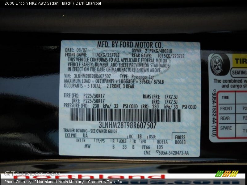 Black / Dark Charcoal 2008 Lincoln MKZ AWD Sedan