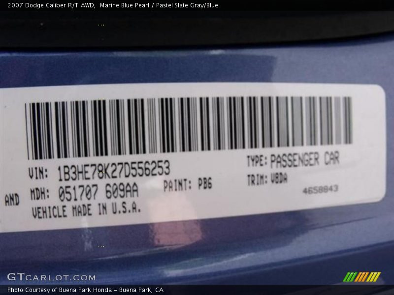 Marine Blue Pearl / Pastel Slate Gray/Blue 2007 Dodge Caliber R/T AWD