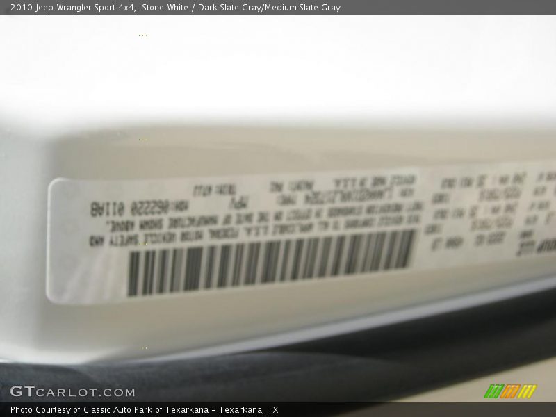 Stone White / Dark Slate Gray/Medium Slate Gray 2010 Jeep Wrangler Sport 4x4