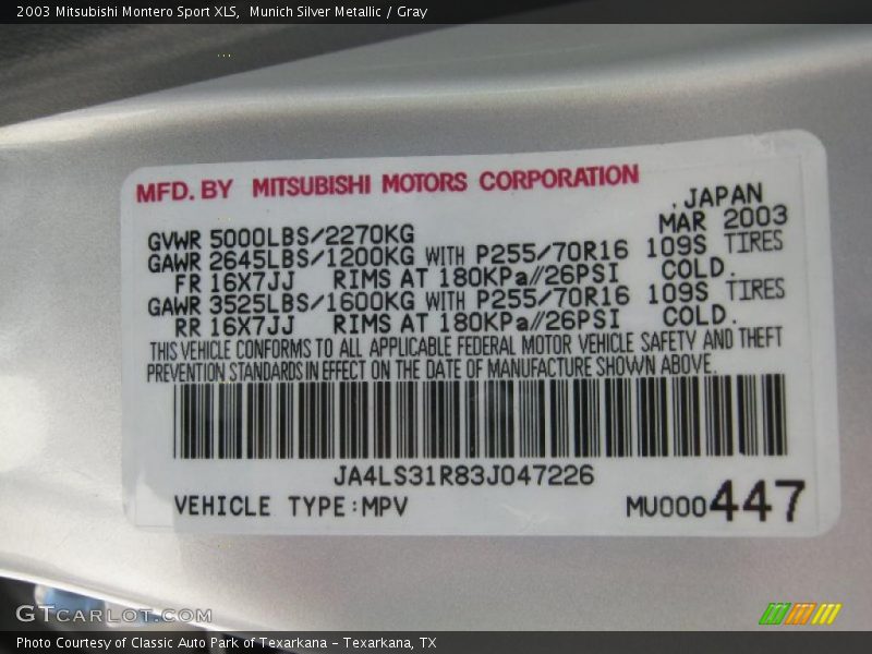 Munich Silver Metallic / Gray 2003 Mitsubishi Montero Sport XLS