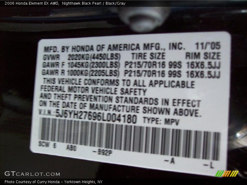 Nighthawk Black Pearl / Black/Gray 2006 Honda Element EX AWD