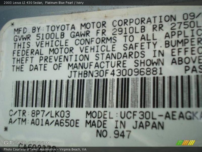 Platinum Blue Pearl / Ivory 2003 Lexus LS 430 Sedan