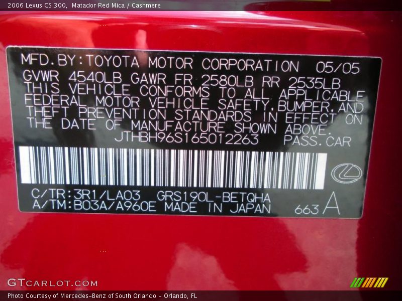 Matador Red Mica / Cashmere 2006 Lexus GS 300