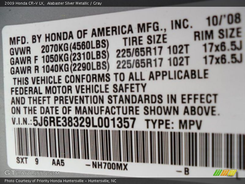 Alabaster Silver Metallic / Gray 2009 Honda CR-V LX