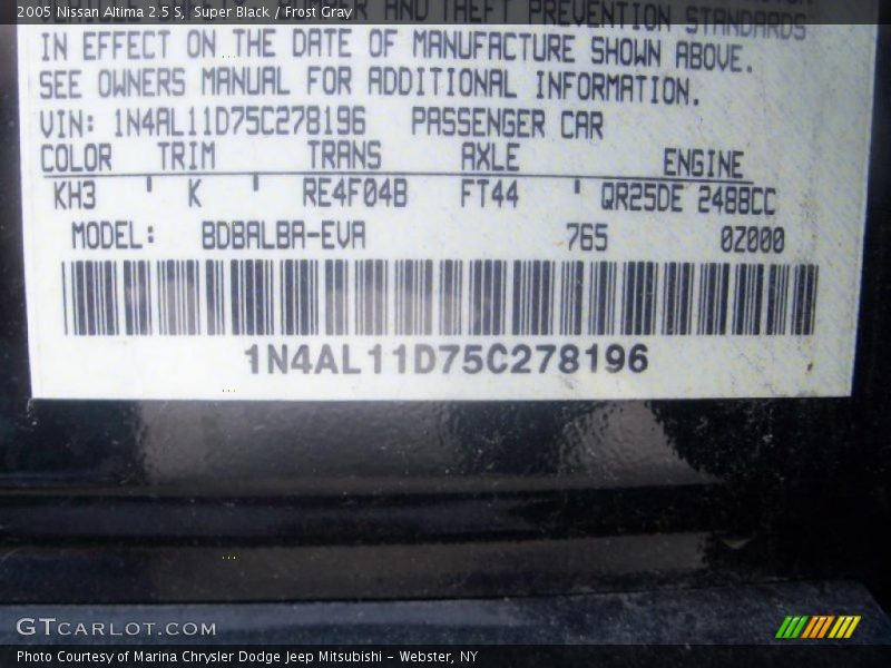 Super Black / Frost Gray 2005 Nissan Altima 2.5 S