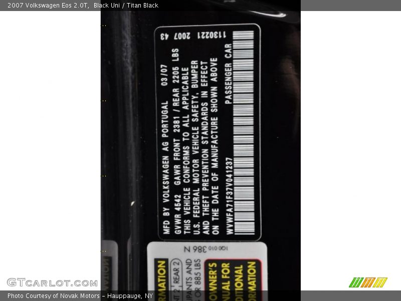 Black Uni / Titan Black 2007 Volkswagen Eos 2.0T