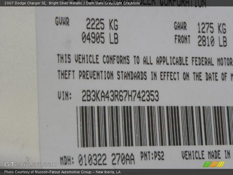Bright Silver Metallic / Dark Slate Gray/Light Graystone 2007 Dodge Charger SE