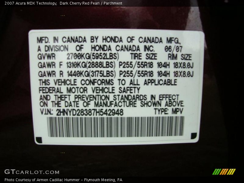 Dark Cherry Red Pearl / Parchment 2007 Acura MDX Technology