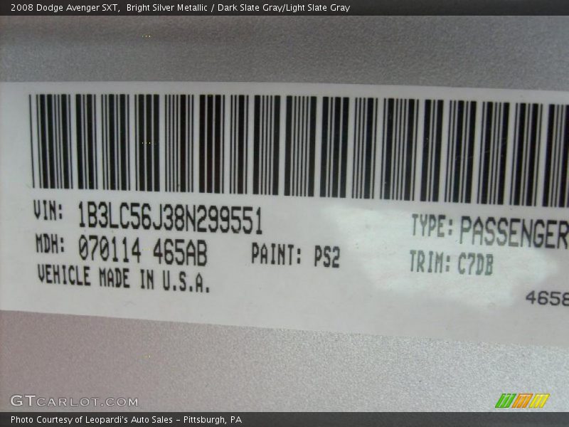 Bright Silver Metallic / Dark Slate Gray/Light Slate Gray 2008 Dodge Avenger SXT