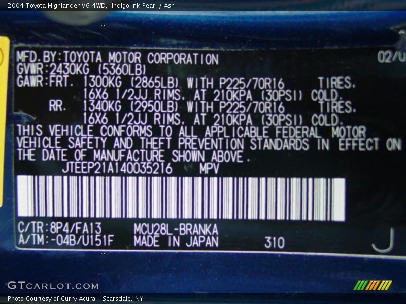 Indigo Ink Pearl / Ash 2004 Toyota Highlander V6 4WD