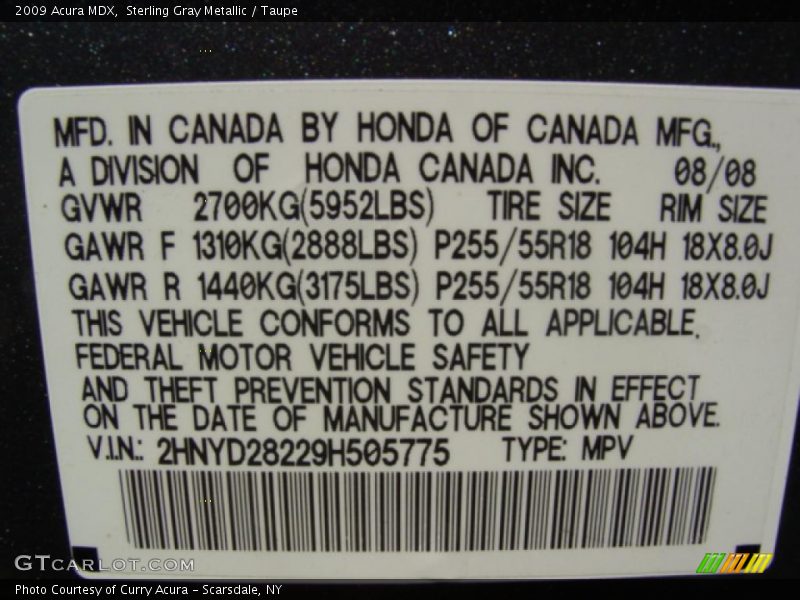 Sterling Gray Metallic / Taupe 2009 Acura MDX