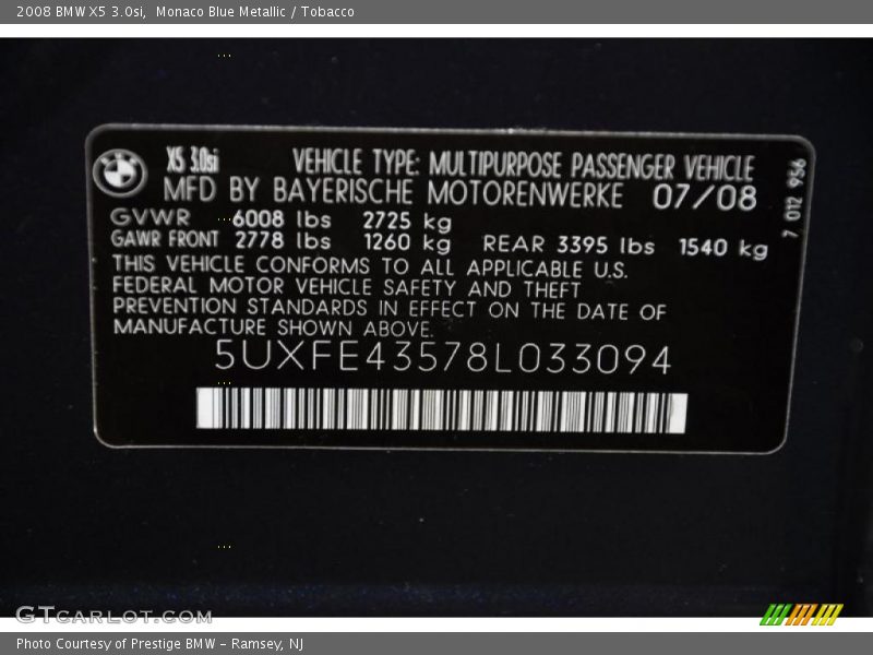 Monaco Blue Metallic / Tobacco 2008 BMW X5 3.0si