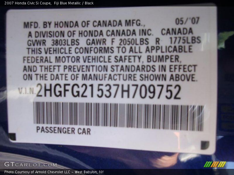 Fiji Blue Metallic / Black 2007 Honda Civic Si Coupe