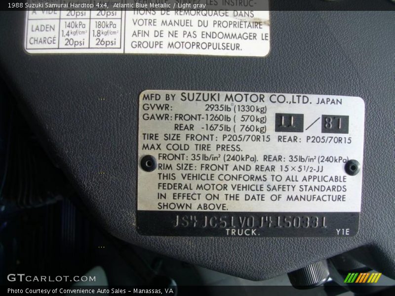 Atlantic Blue Metallic / Light gray 1988 Suzuki Samurai Hardtop 4x4