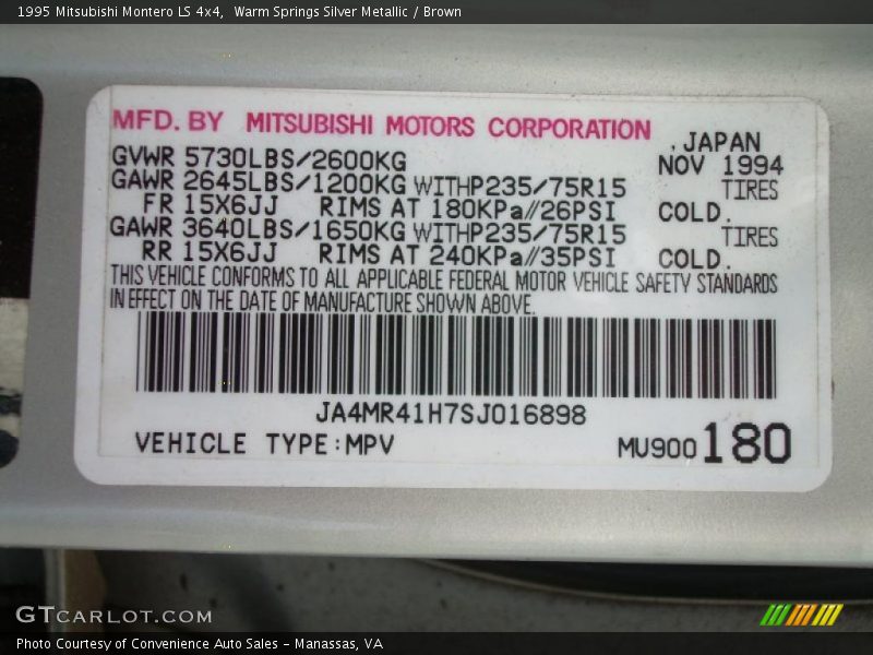 Warm Springs Silver Metallic / Brown 1995 Mitsubishi Montero LS 4x4