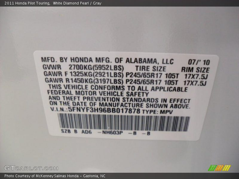 White Diamond Pearl / Gray 2011 Honda Pilot Touring