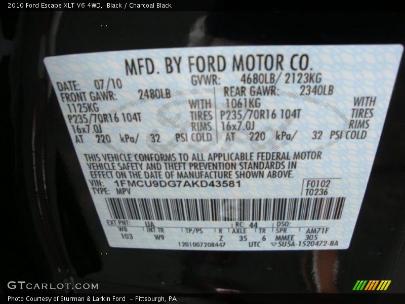 Black / Charcoal Black 2010 Ford Escape XLT V6 4WD