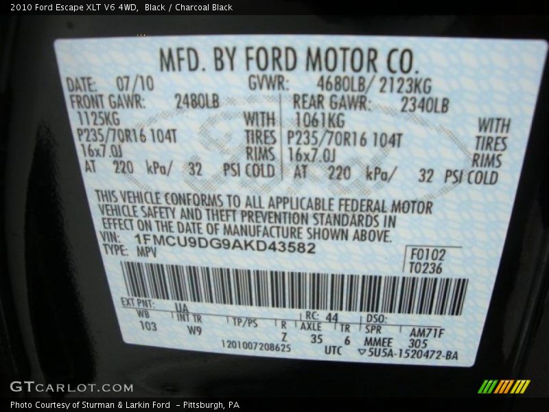 Black / Charcoal Black 2010 Ford Escape XLT V6 4WD