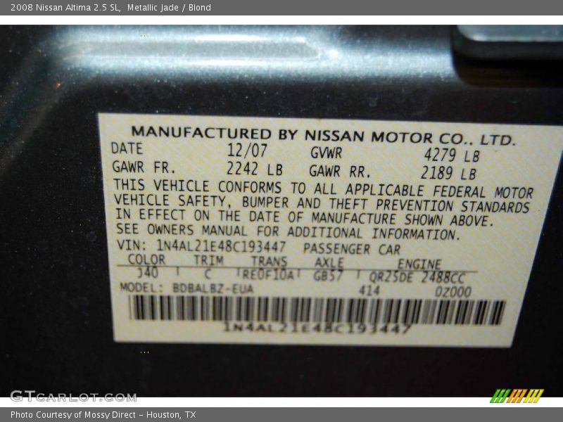 Metallic Jade / Blond 2008 Nissan Altima 2.5 SL