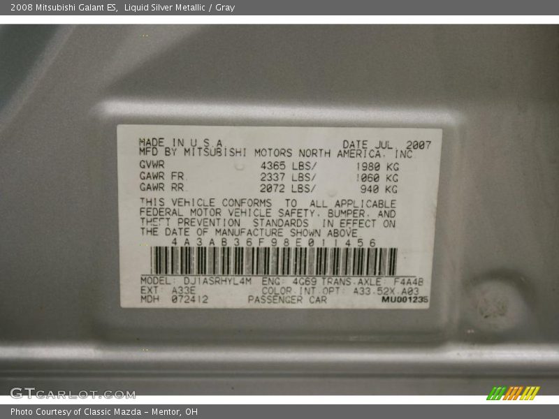 Liquid Silver Metallic / Gray 2008 Mitsubishi Galant ES