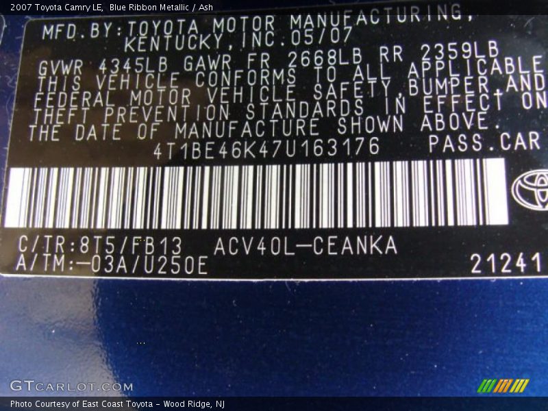 Blue Ribbon Metallic / Ash 2007 Toyota Camry LE