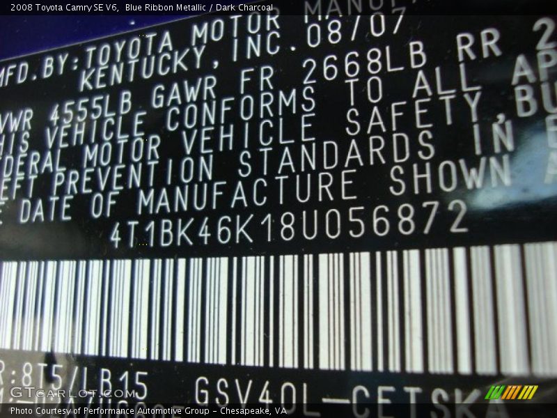 Blue Ribbon Metallic / Dark Charcoal 2008 Toyota Camry SE V6