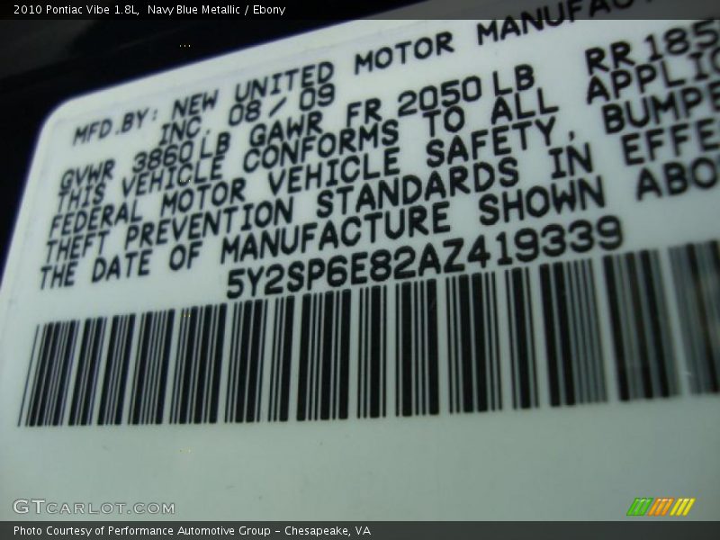 Navy Blue Metallic / Ebony 2010 Pontiac Vibe 1.8L