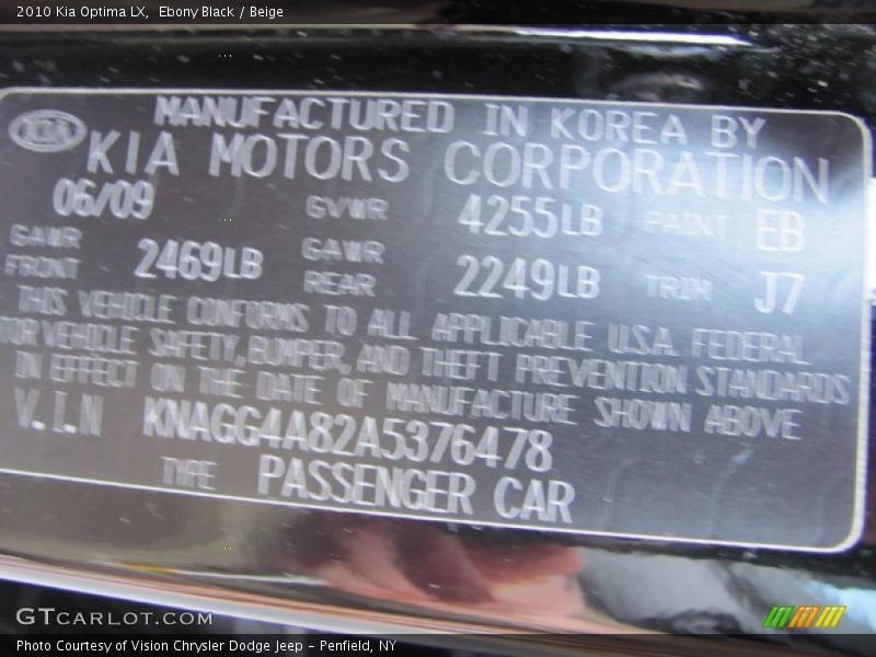 Ebony Black / Beige 2010 Kia Optima LX