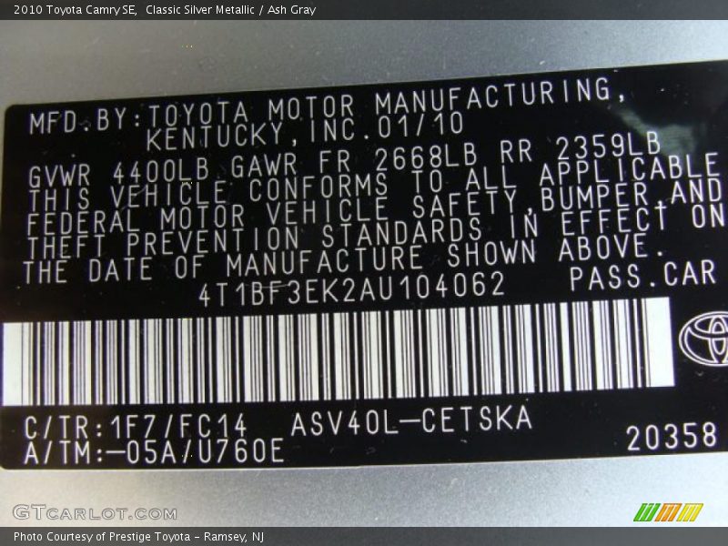 Classic Silver Metallic / Ash Gray 2010 Toyota Camry SE