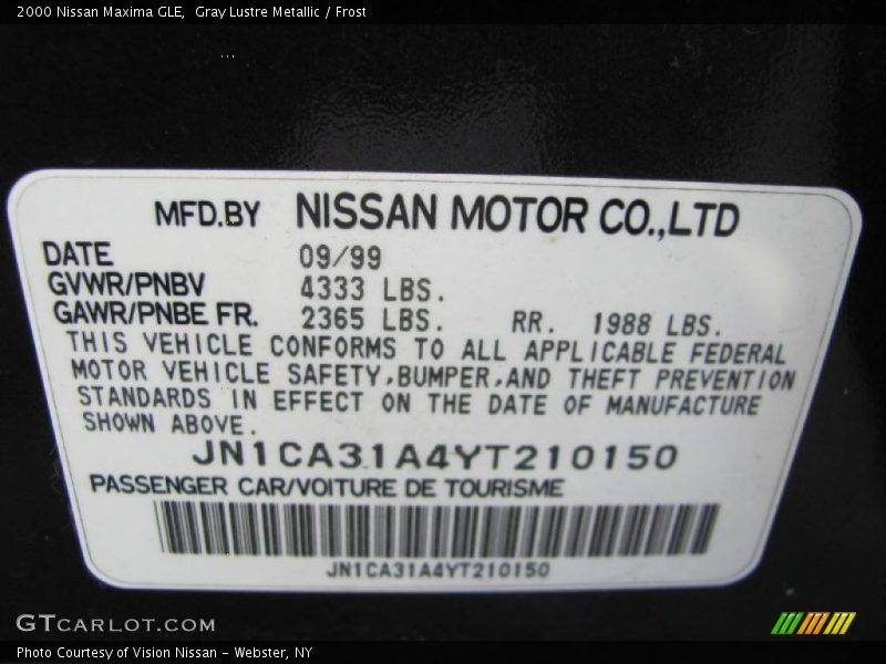 Gray Lustre Metallic / Frost 2000 Nissan Maxima GLE