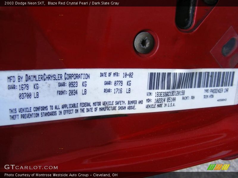 Blaze Red Crystal Pearl / Dark Slate Gray 2003 Dodge Neon SXT