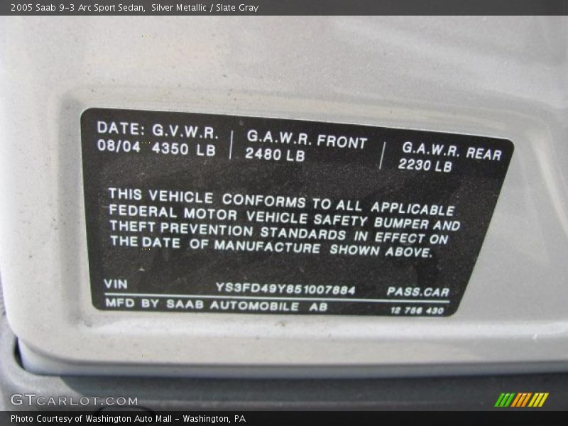Silver Metallic / Slate Gray 2005 Saab 9-3 Arc Sport Sedan