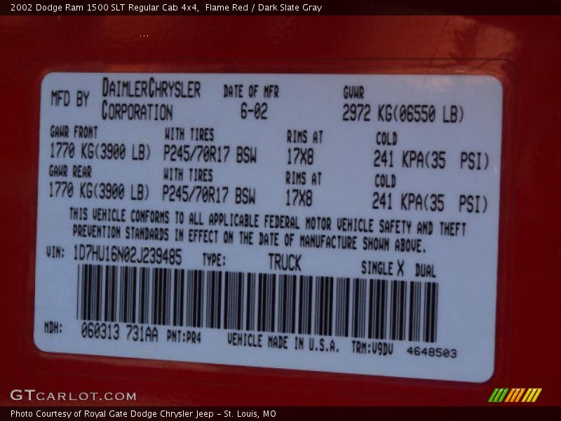 Flame Red / Dark Slate Gray 2002 Dodge Ram 1500 SLT Regular Cab 4x4