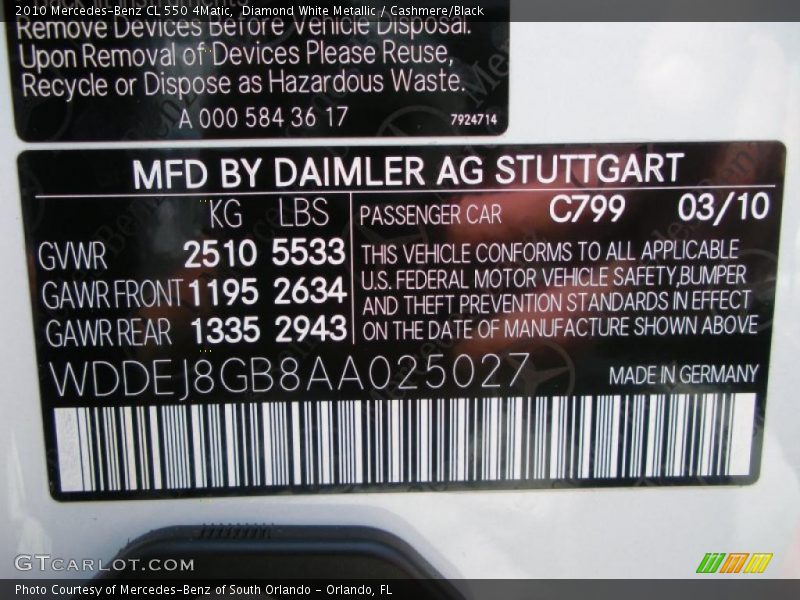 Diamond White Metallic / Cashmere/Black 2010 Mercedes-Benz CL 550 4Matic